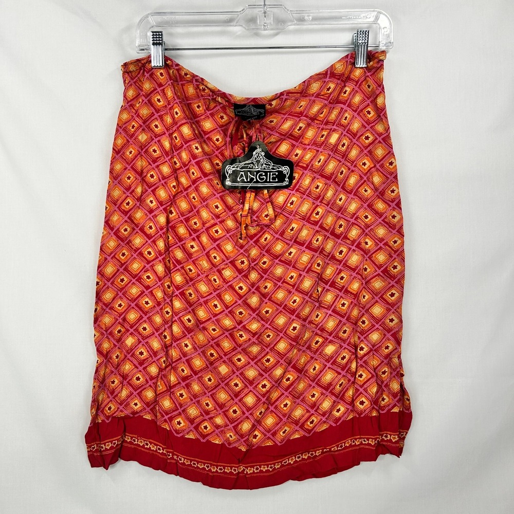 NWT Vintage Y2K Deadstock Angie Geometric Print Rayon Midi Skirt Pink Orange M